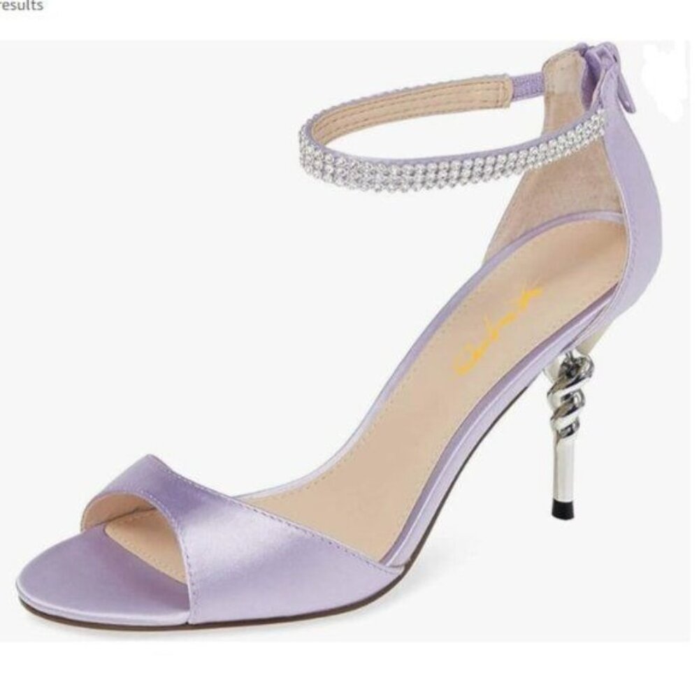 XYD Lavender Open Toe Rhinestones Ankle Strap Sandals Mid Heel Bridal Shoes